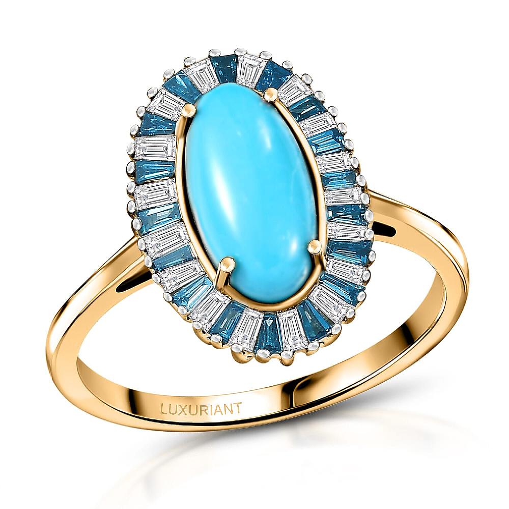 AAA Sleeping Beauty Turquoise Lab Grown Blue and White Diamond Stargate Ring in 10K Yellow Gold 2.40 ctw