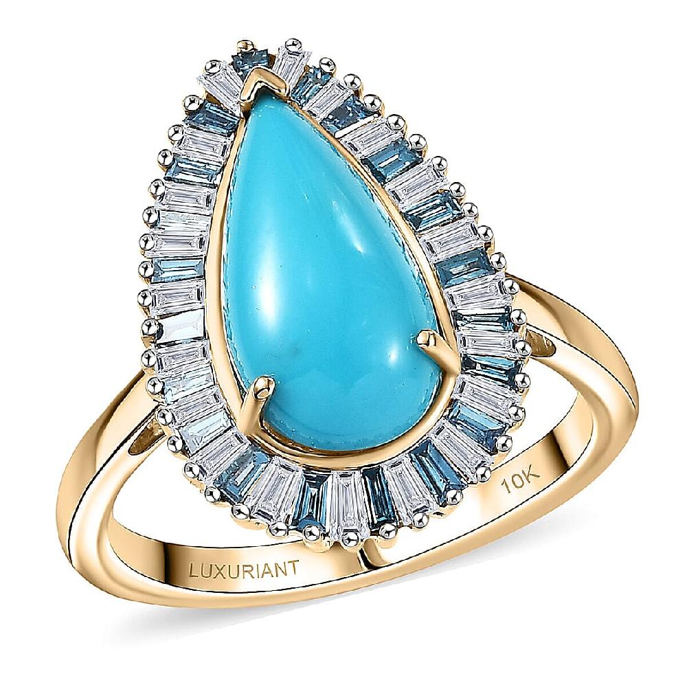 AAA Sleeping Beauty Turquoise Lab Grown Blue and White Diamond Ring in 10K Yellow Gold 2.40 ctw