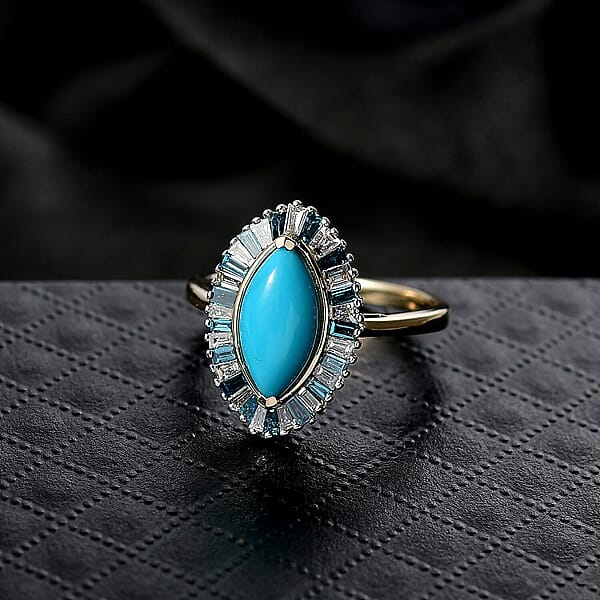 AAA Sleeping Beauty Turquoise Lab Grown Blue Diamond Ring In 10K Yellow Gold 2.10 Ctw
