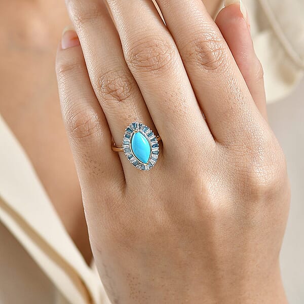 AAA Sleeping Beauty Turquoise Lab Grown Blue Diamond Ring In 10K Yellow Gold 2.10 Ctw