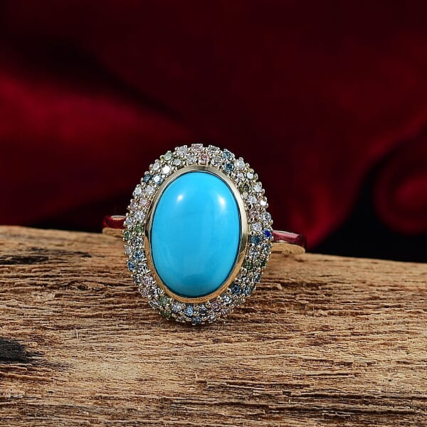 AAA Sleeping Beauty Turquoise Lab Grown Diamond Ring In 10K Yellow Gold 5.50 Ctw