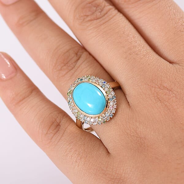 AAA Sleeping Beauty Turquoise Lab Grown Diamond Ring In 10K Yellow Gold 5.50 Ctw