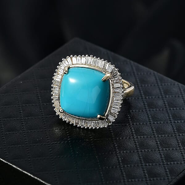 AAA Sleeping Beauty Turquoise Lab Grown Diamond Ring In 10K Yellow Gold 11.20 Ctw