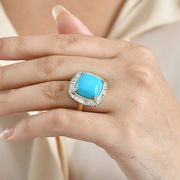 AAA Sleeping Beauty Turquoise Lab Grown Diamond Ring In 10K Yellow Gold 11.20 Ctw