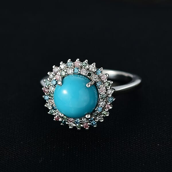 AAA Sleeping Beauty Turquoise Lab Grown Multi Diamond Ring In Rhodium Over Sterling Silver 3.10 Ctw