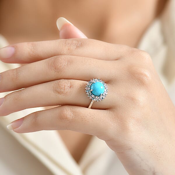 AAA Sleeping Beauty Turquoise Lab Grown Multi Diamond Ring In Rhodium Over Sterling Silver 3.10 Ctw