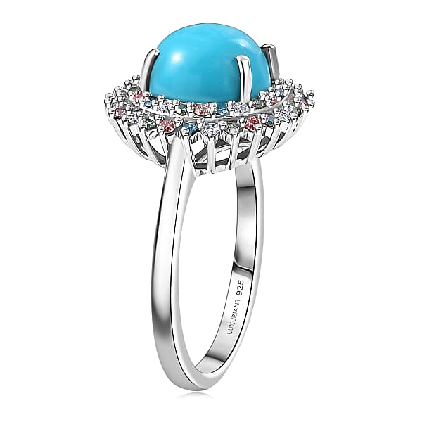 AAA Sleeping Beauty Turquoise Lab Grown Multi Diamond Ring In Rhodium Over Sterling Silver 3.10 Ctw