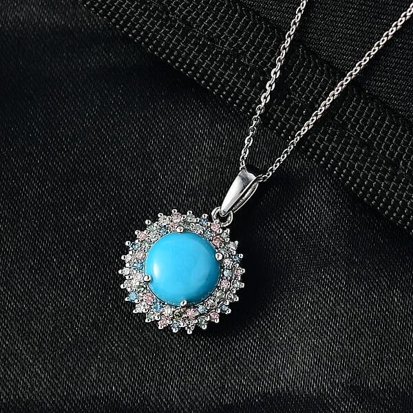 AAA Sleeping Beauty Turquoise Lab Grown Multi Diamond Pendant Necklace In Rhodium Over Sterling Silver 3.10 Ctw (20 Inches) (Del. In 12-15 Days)