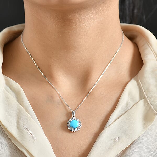 AAA Sleeping Beauty Turquoise Lab Grown Multi Diamond Pendant Necklace In Rhodium Over Sterling Silver 3.10 Ctw (20 Inches) (Del. In 12-15 Days)