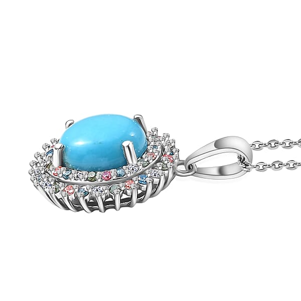 AAA Sleeping Beauty Turquoise Lab Grown Multi Diamond Pendant Necklace In Rhodium Over Sterling Silver 3.10 Ctw (20 Inches) (Del. In 12-15 Days)