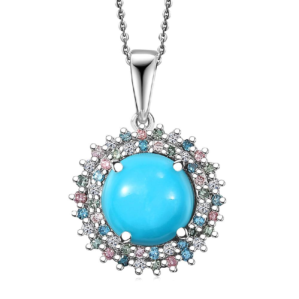 AAA Sleeping Beauty Turquoise Lab Grown Multi Diamond Pendant Necklace in Rhodium Over Sterling Silver 3.10 ctw (20 Inches) (Del. in 12-15 Days)