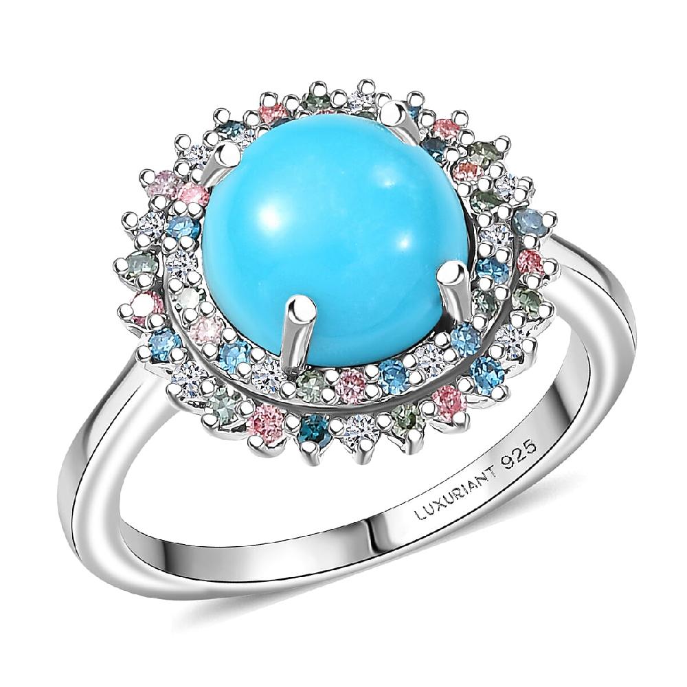 AAA Sleeping Beauty Turquoise Lab Grown Multi Diamond Ring in Rhodium Over Sterling Silver 3.10 ctw