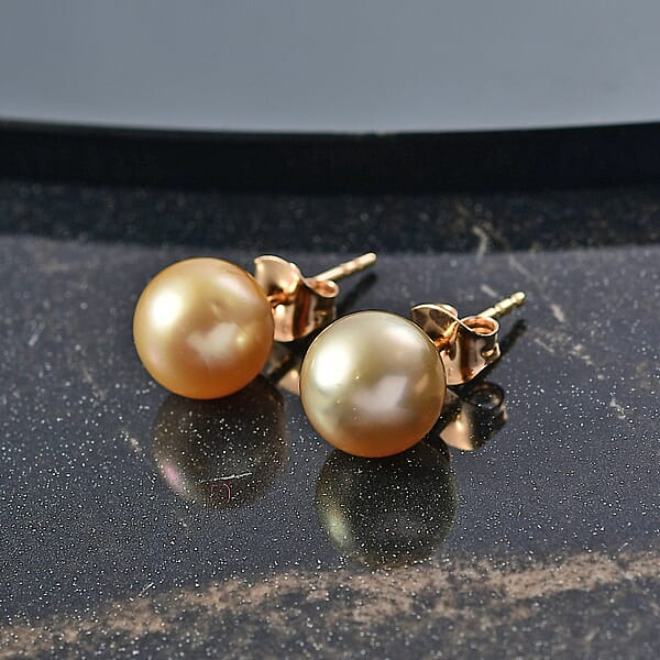 AAA South Sea Golden Cultured Pearl 9-10mm Stud Earrings In 18K Yellow Gold