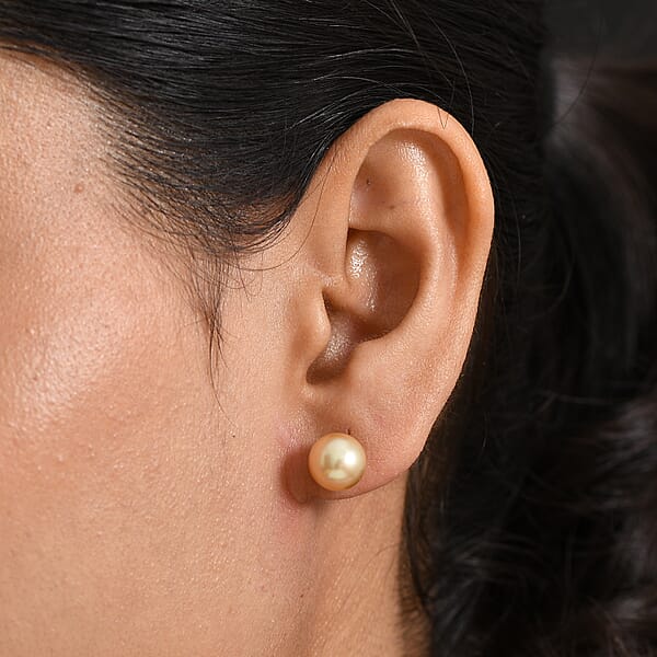 AAA South Sea Golden Cultured Pearl 9-10mm Stud Earrings In 18K Yellow Gold