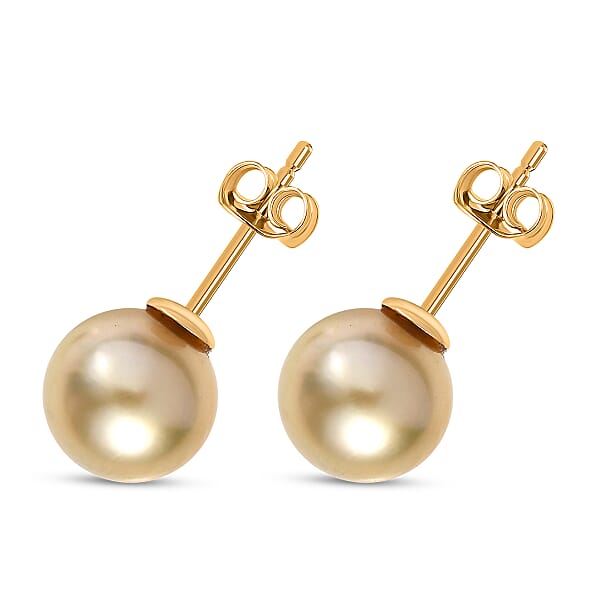 AAA South Sea Golden Cultured Pearl 9-10mm Stud Earrings In 18K Yellow Gold
