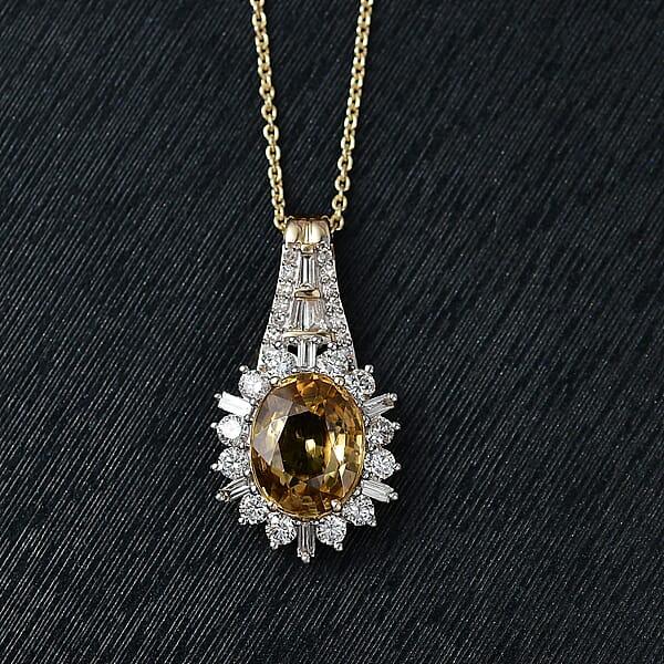 AAA Tanzania Yellow Zircon And Luxuriant Lab Grown Diamond 4.85 Ctw Golden Radiance Pendant Necklace In 10K Yellow Gold 20 Inches