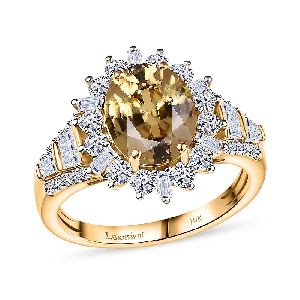 AAA Tanzania Yellow Zircon and Luxuriant Lab Grown Diamond 5.25 ctw Golden Radiance Ring in 10K Yellow Gold