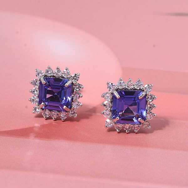 AAA Tanzanite Lab Grown Diamond Earrings In 10K White Gold 2.60 Ctw
