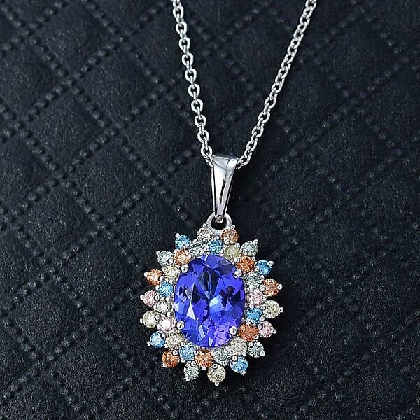 AAA Tanzanite Lab Grown Multi Diamond Bloom Pendant Necklace In 10K White Gold 2.20 Ctw (20 Inches) (Del. In 5-7 Days)