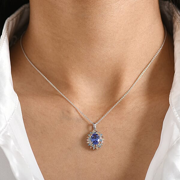 AAA Tanzanite Lab Grown Multi Diamond Bloom Pendant Necklace In 10K White Gold 2.20 Ctw (20 Inches) (Del. In 5-7 Days)
