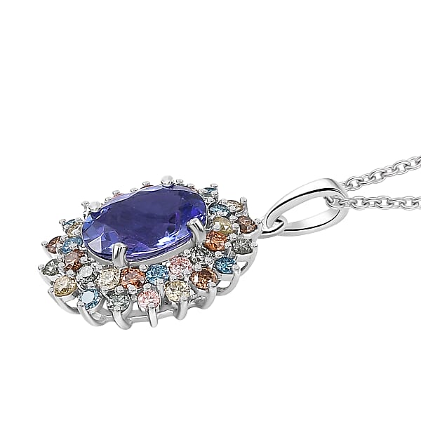 AAA Tanzanite Lab Grown Multi Diamond Bloom Pendant Necklace In 10K White Gold 2.20 Ctw (20 Inches) (Del. In 5-7 Days)