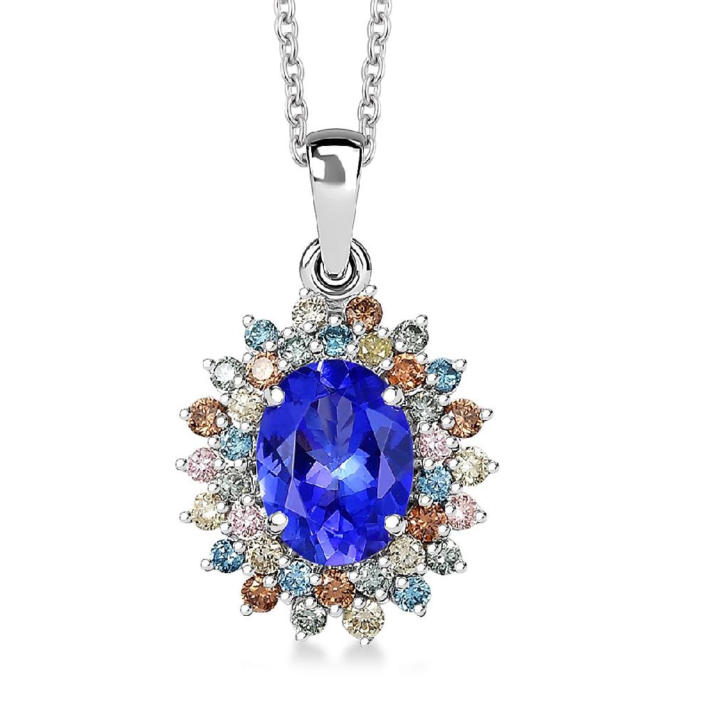 AAA Tanzanite Lab Grown Multi Diamond Bloom Pendant Necklace in 10K White Gold 2.20 ctw (20 Inches) (Del. in 5-7 Days)