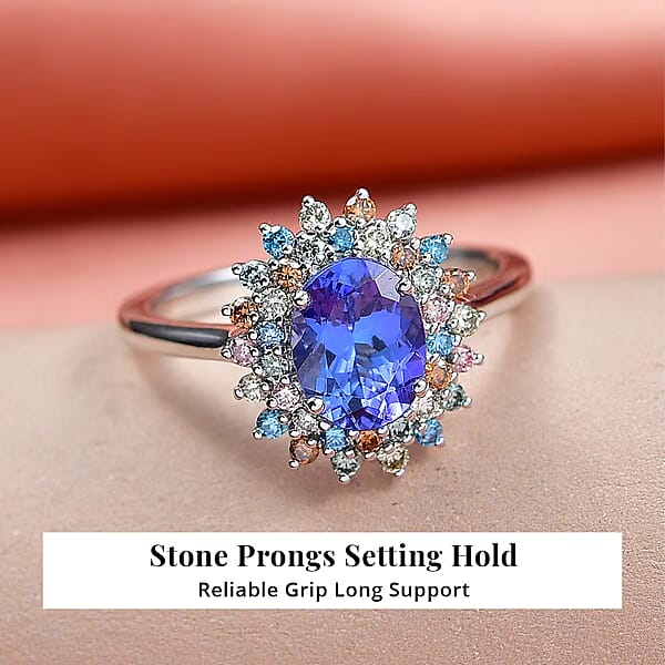 AAA Tanzanite Lab Grown Multi Diamond Ring In 10K White Gold 2.20 Ctw