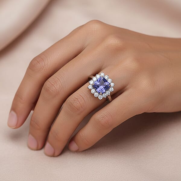 AAA Tanzanite Luxuriant Lab Grown Diamond Starburst Ring In 10K White Gold 2.50 Ctw