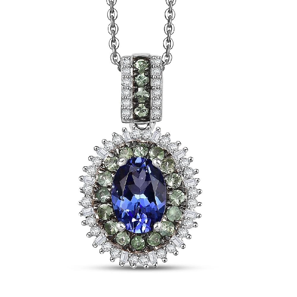 AAA Tanzanite Tsavorite Garnet and Diamond 1.70 ctw Celestial Glow Pendant Necklace in Rhodium Over Sterling Silver 20 Inches