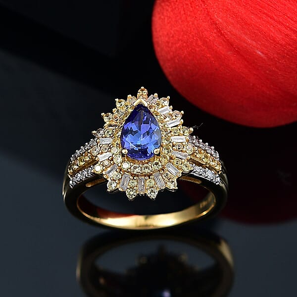 AAA Tanzanite Yellow Sapphire And Diamond 1.80 Ctw Starlight Crown Ring In 18K Vermeil Yellow Gold Over Sterling Silver