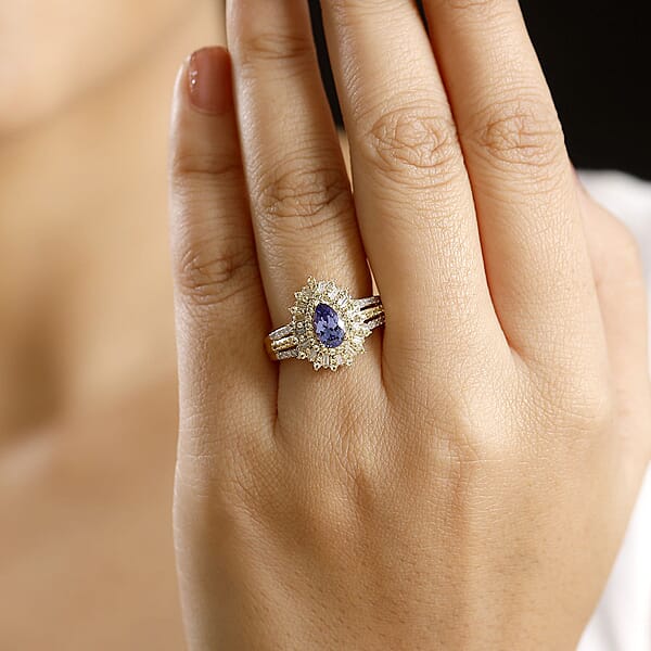 AAA Tanzanite Yellow Sapphire And Diamond 1.80 Ctw Starlight Crown Ring In 18K Vermeil Yellow Gold Over Sterling Silver