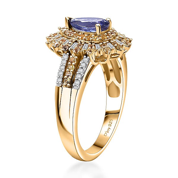 AAA Tanzanite Yellow Sapphire And Diamond 1.80 Ctw Starlight Crown Ring In 18K Vermeil Yellow Gold Over Sterling Silver
