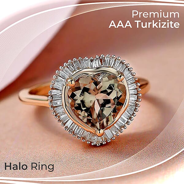 AAA Turkizite And Diamond 2.25 Ctw Heart Ring In 14K Yellow Gold Halo Ring Diamond Ring Wedding Rings Engagement Ring