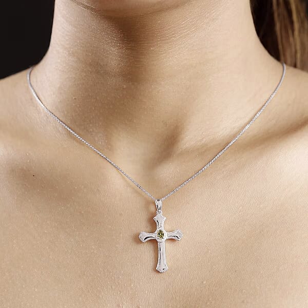 AAA Turkizite And White Zircon 0.46 Ctw Cross Pendant Necklace In Rhodium Over Sterling Silver (20 Inches) (Del. In 10-12 Days)