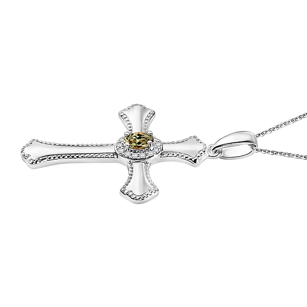 AAA Turkizite And White Zircon 0.46 Ctw Cross Pendant Necklace In Rhodium Over Sterling Silver (20 Inches) (Del. In 10-12 Days)