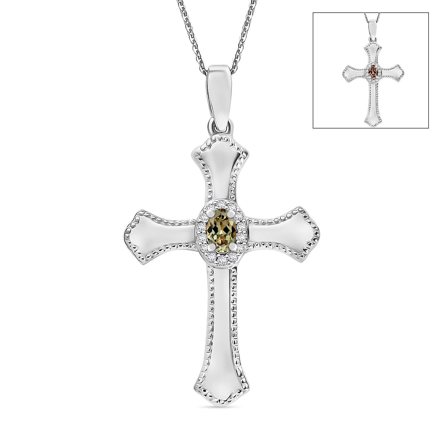 AAA Turkizite and White Zircon 0.46 ctw Cross Pendant Necklace in Rhodium Over Sterling Silver (20 Inches) (Del. in 10-12 Days)