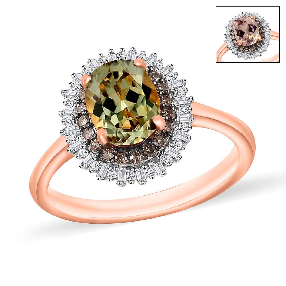 AAA Turkizite Natural Champagne and White Diamond 1.75 ctw Ring in 18K Vermeil Rose Gold Over Sterling Silver (Del. in 10-12 Days)