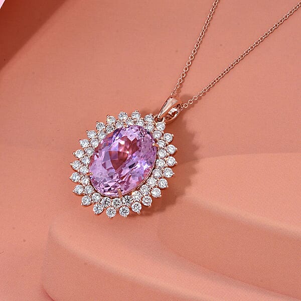 AAAA Patroke Kunzite And G-H SI Luxuriant Lab Grown Diamond 14.35 Ctw Soul Bloom Pendant Necklace In 10K Rose Gold 18 Inches