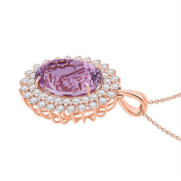 AAAA Patroke Kunzite And G-H SI Luxuriant Lab Grown Diamond 14.35 Ctw Soul Bloom Pendant Necklace In 10K Rose Gold 18 Inches
