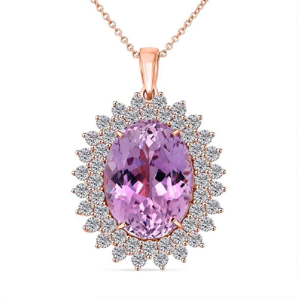 AAAA Patroke Kunzite and G-H SI Luxuriant Lab Grown Diamond 14.35 ctw Soul Bloom Pendant Necklace in 10K Rose Gold 18 Inches