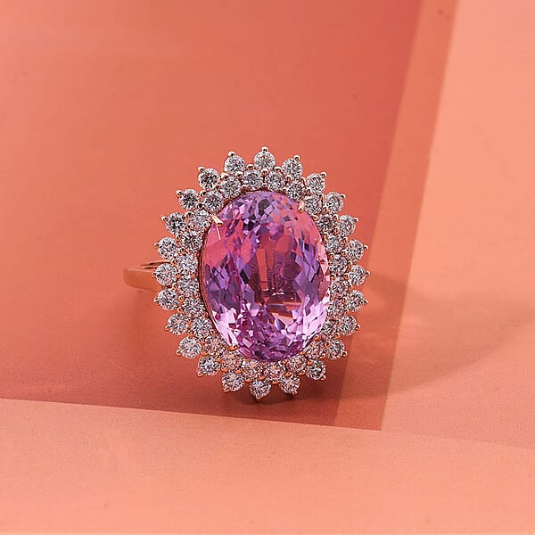 AAAA Patroke Kunzite Lab Grown Diamond Bloom Ring In 10K Rose Gold 14.50 Ctw