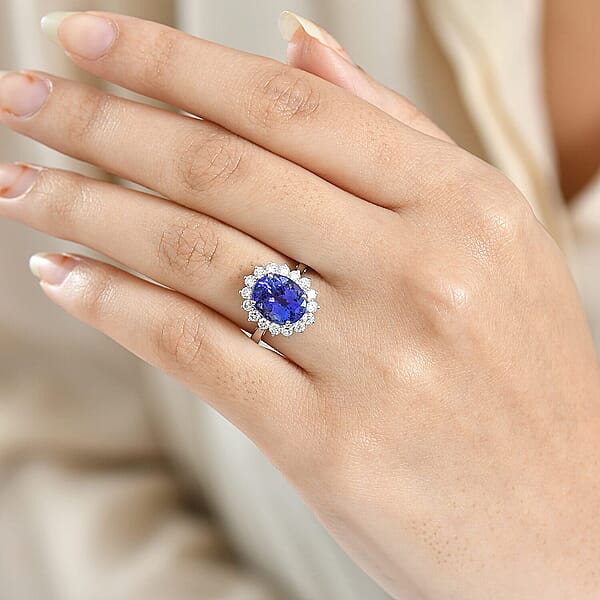 AAAA Tanzanite Diamond Floral Ring In 950 Palladium 4.50 Ctw