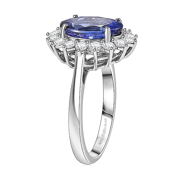 AAAA Tanzanite Diamond Floral Ring In 950 Palladium 4.50 Ctw