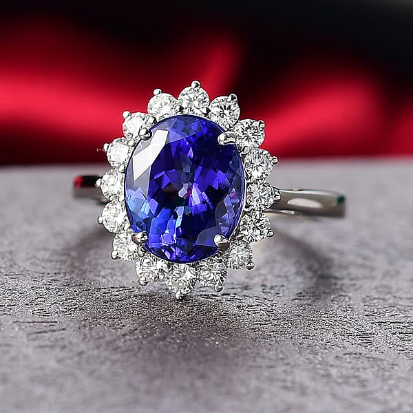 AAAA Tanzanite Diamond Floral Ring In 950 Palladium 4.50 Ctw