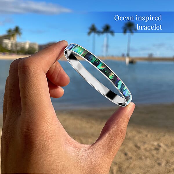 Abalone Shell Bangle Bracelet In Stainless Steel 8 Inches