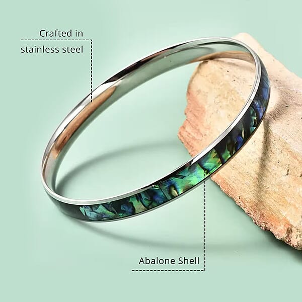 Abalone Shell Bangle Bracelet In Stainless Steel 8 Inches