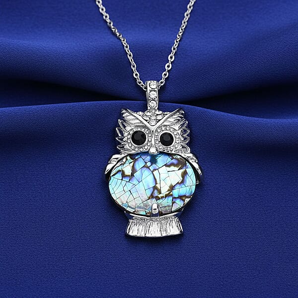 Abalone Shell Black And White Austrian Crystal Owl Pendant In Silvertone With Stainless Steel Necklace 20-22 Inches