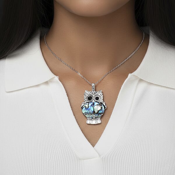 Abalone Shell Black And White Austrian Crystal Owl Pendant In Silvertone With Stainless Steel Necklace 20-22 Inches