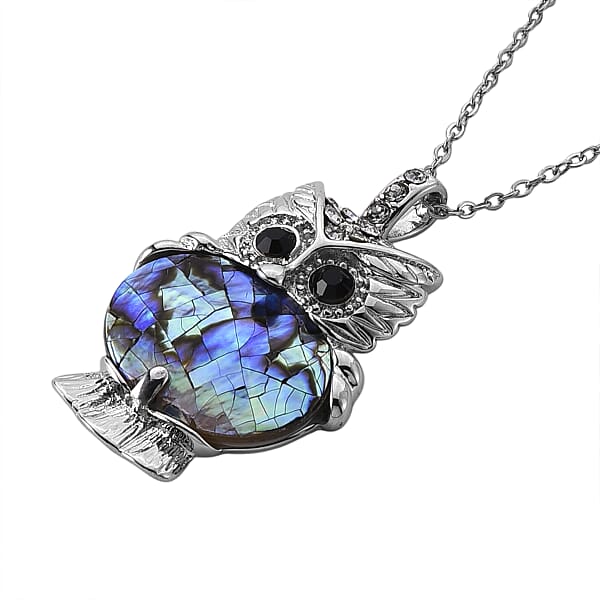 Abalone Shell Black And White Austrian Crystal Owl Pendant In Silvertone With Stainless Steel Necklace 20-22 Inches