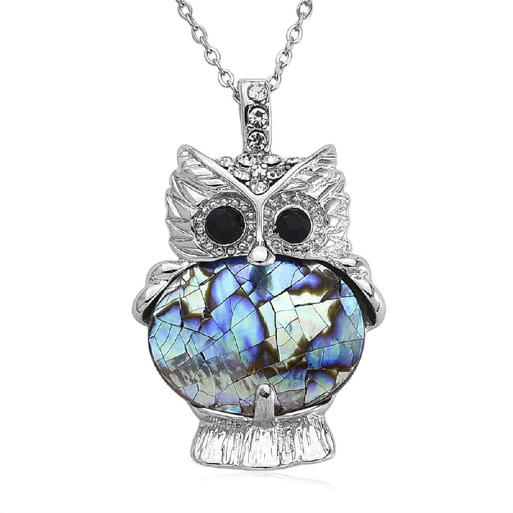 Abalone Shell Black and White Austrian Crystal Owl Pendant in Silvertone with Stainless Steel Necklace 20-22 Inches